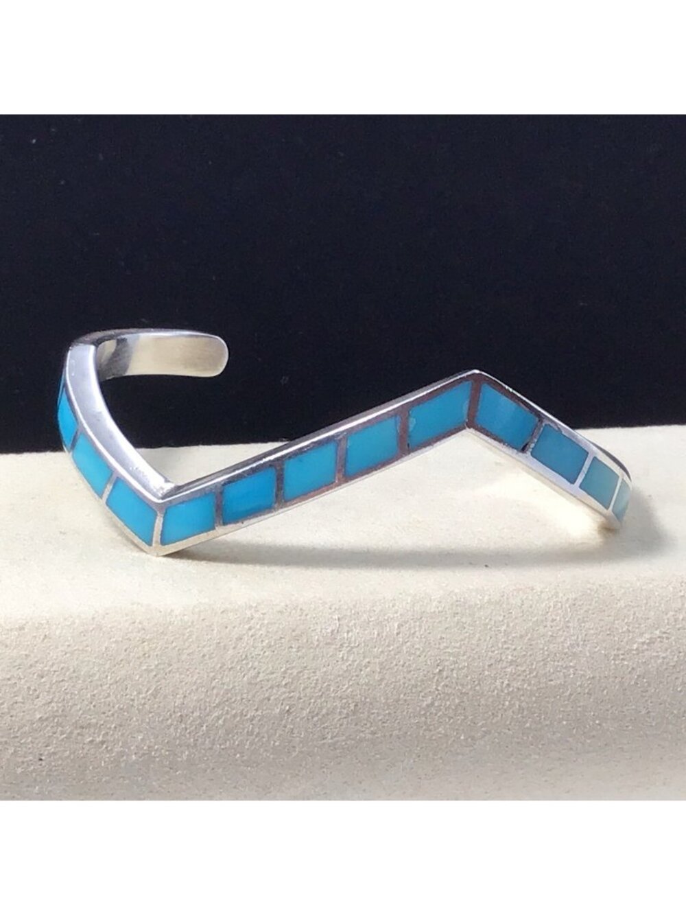 Turquoise Inlay Cuff Bracelet Sterling Silver Vintage Unsigned 21g Size 6.25